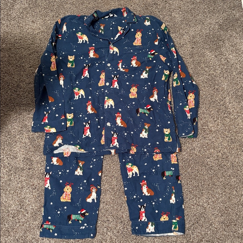 The Company Store Navy Pajama Pant and Shirt Set with Star and Dog Design L